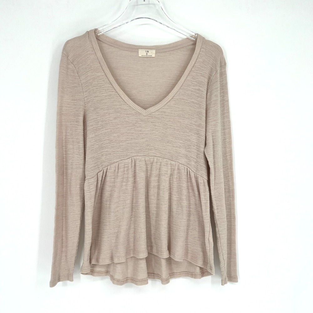 T.la Top Womens S Babydoll Y2K Ribbed Long Sleeve Neutral‎ Classic Basic Ruffle